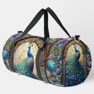 Rainbow Stained Glass Peacock Large Duffel Bag