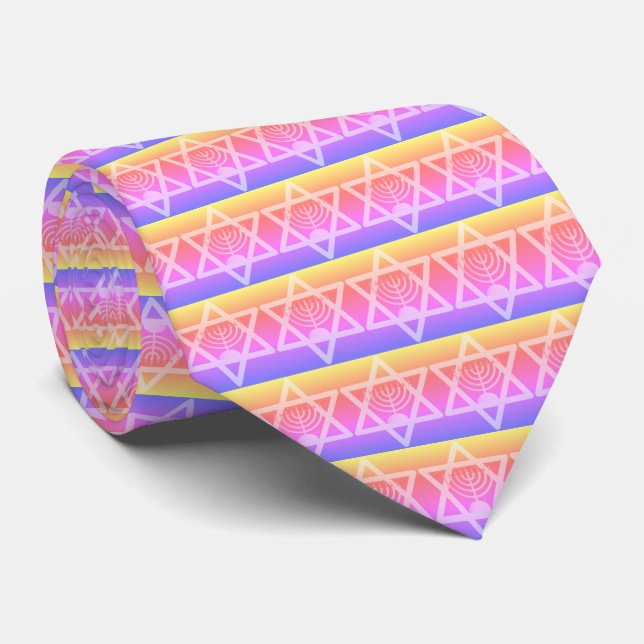 Rainbow Star of David Menorah Tie (Rolled)