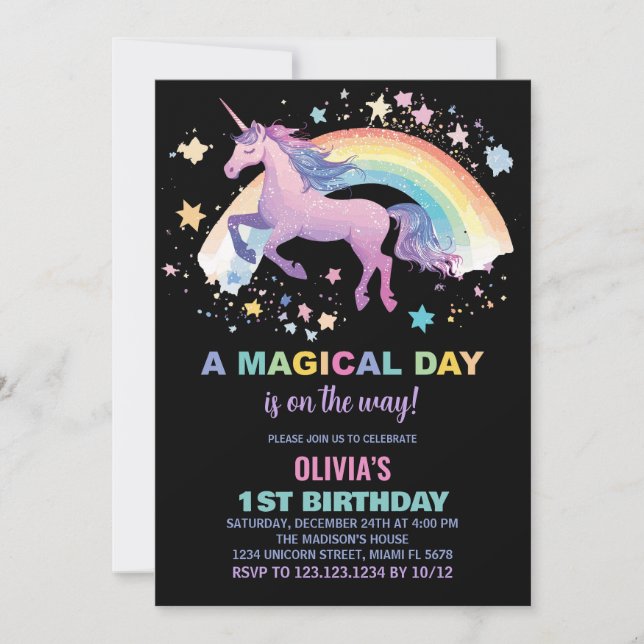 Rainbow Star Unicorn Birthday Invitations (Front)