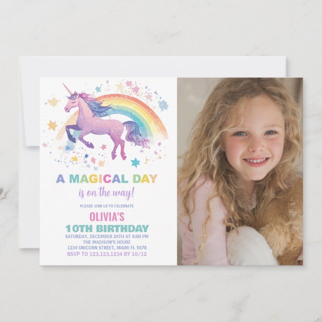 Rainbow Star Unicorn Birthday Invitations Photo (Front)