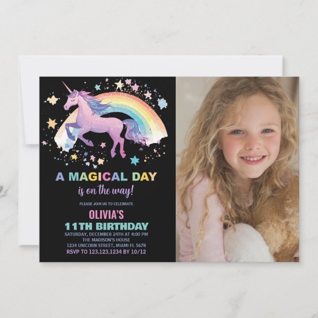 Rainbow Star Unicorn Birthday Invitations Photo (Front)