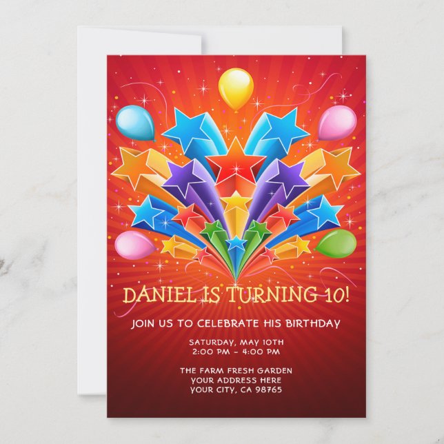 Rainbow Starburst Balloon 10th Birthday Invitation (Front)
