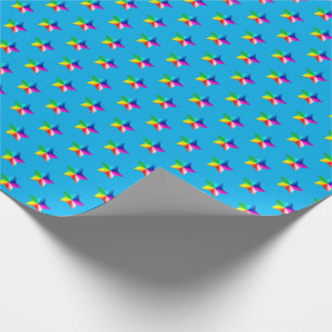 rainbow stars on aqua blue wrapping paper