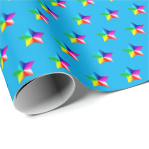 rainbow stars on aqua wrapping paper