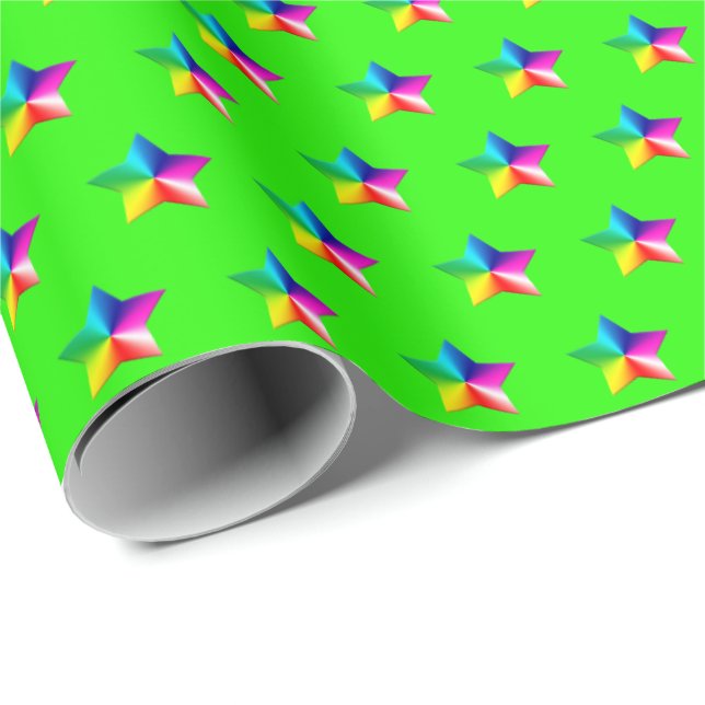 rainbow stars on neon green wrapping paper (Roll Corner)