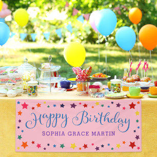 Rainbow Stars on Pink Happy Birthday Kids Banner