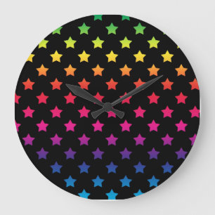 Rainbow Stars over Black Background Pattern Large Clock