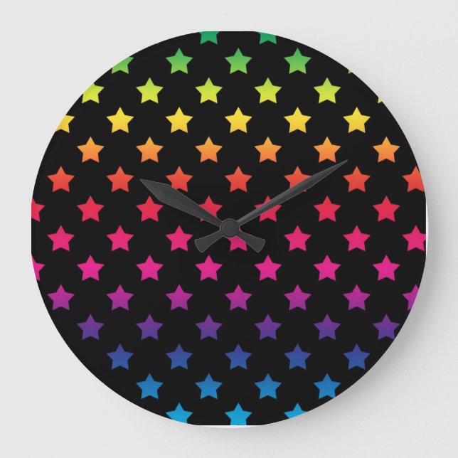 Rainbow Stars over Black Background Pattern Large Clock (Front)