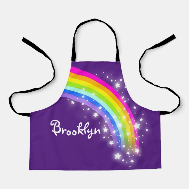 Rainbow stars pink purple custom name art  apron (Front)