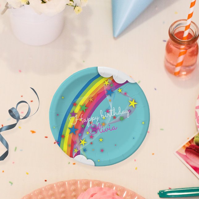 Rainbow Stars Sky Clouds & Name Happy Birthday Paper Plate (Creator Uploaded)