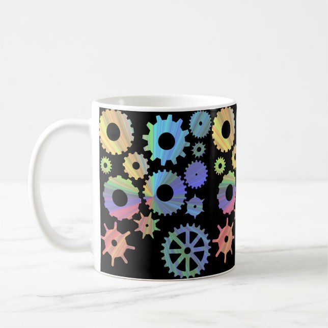 Rainbow steampunk metal gears art coffee mug (Left)