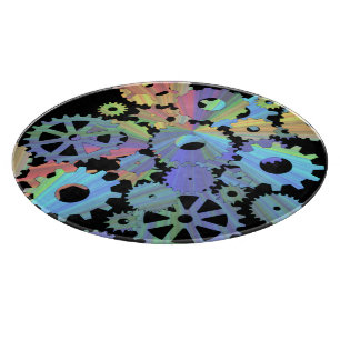 Rainbow steampunk metal gears art cutting board