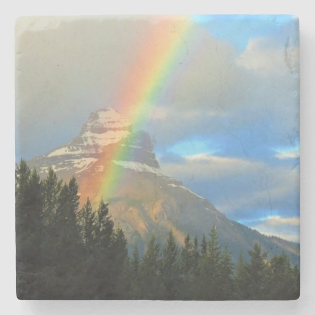 Rainbow & Storm Clouds Over Snowy Canada Mountain Stone Coaster (Front)