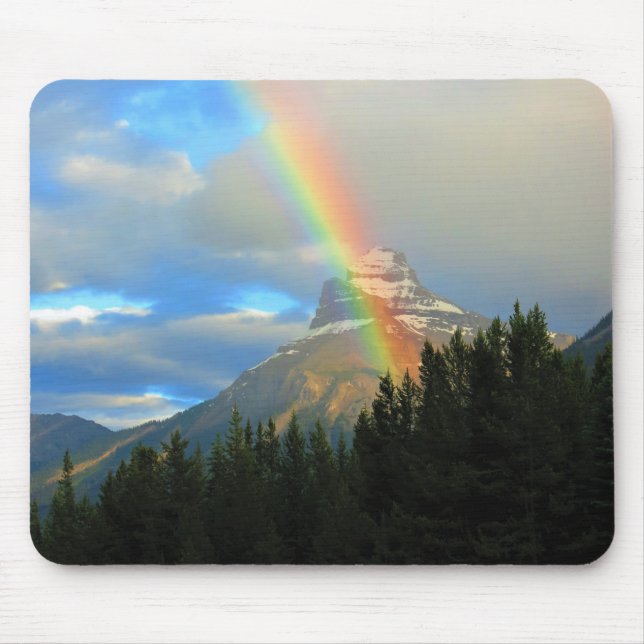 Rainbow & Stormy Skies Over Snowy Forest Mountain Mouse Mat (Front)