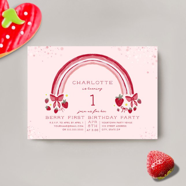 Rainbow Strawberry Berry First Birthday Party Invitation (Creator Uploaded)