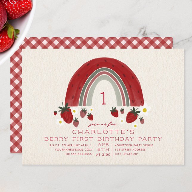 Rainbow Strawberry Gingham Berry 1st Birthday Invitation (Creator Uploaded)