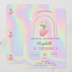 Rainbow Strawberry Holographic Birthday Invitation