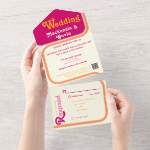 Rainbow Stripe Curved Border - Pink Orange All In One Invitation
