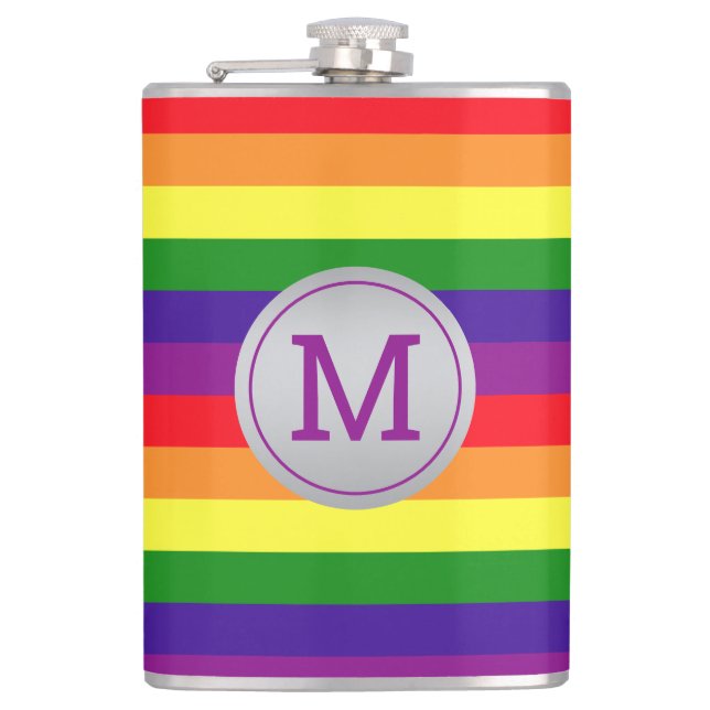Rainbow Stripe Grey Circle Monogram Hip Flask (Front)