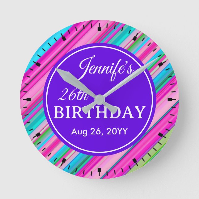 Rainbow Stripe Pattern Birthday Custom Text Round Clock (Front)