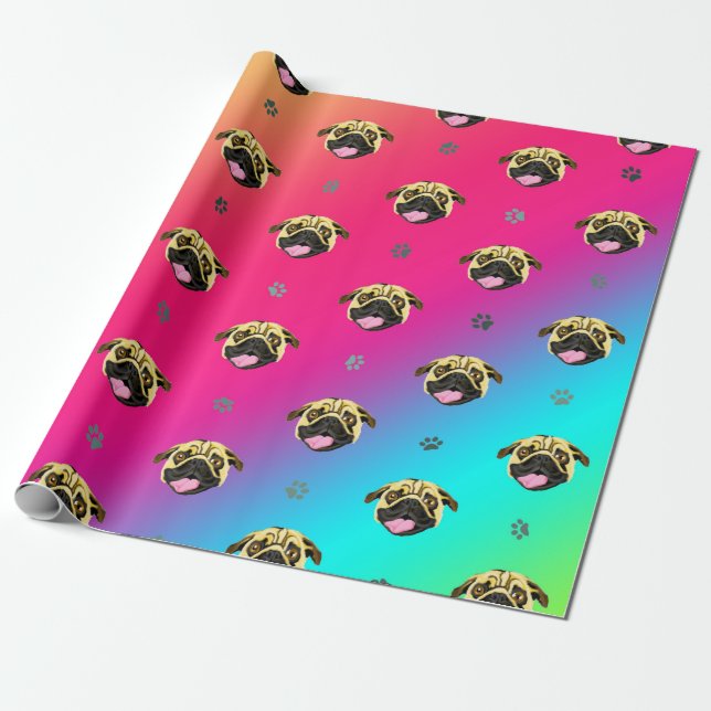 Rainbow Stripe Pug Wrapping Paper (Unrolled)