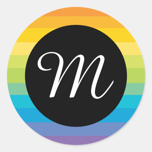 Rainbow Stripe With Black Circle M Monogram Classic Round Sticker (Front)