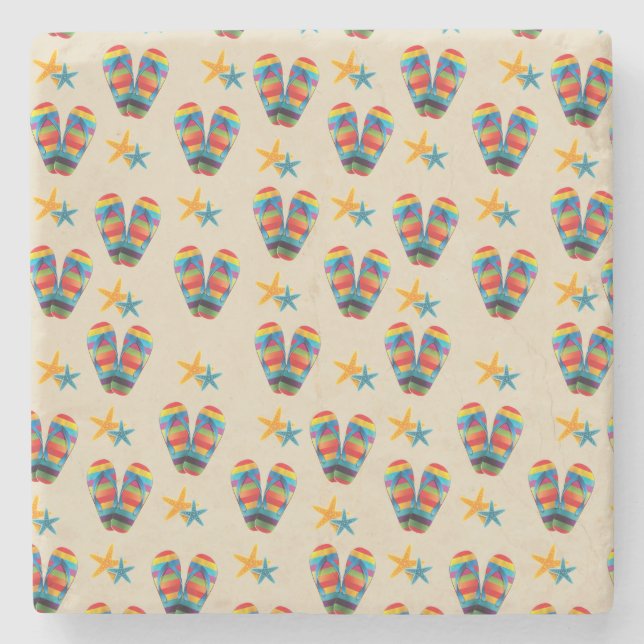 Rainbow Striped Beach Flip Flops and Starfish Stone Coaster (Front)