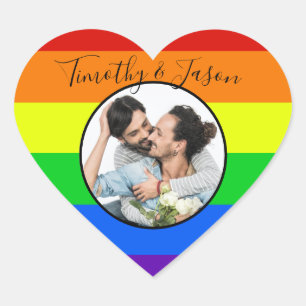 Rainbow Striped Custom Heart Photo LGBTQ Wedding Heart Sticker