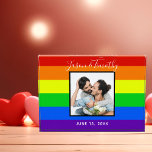 Rainbow Striped Gay Pride Couple Wedding Photo<br><div class="desc">This bold rainbow striped glass photo block features a custom romantic LGBTQ engagement photo for a gay or lesbian couple who loves bright and colourful striped gifts.  Personalise this cheery LGBT newlywed present with your names and date on the red,  orange,  yellow,  green,  blue,  and purple stripes.</div>