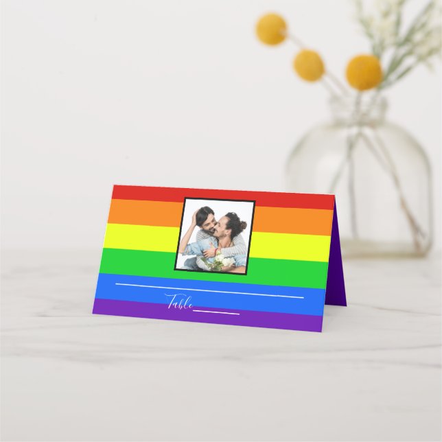 Rainbow Striped Gay Pride Couple Wedding Photo Place Card (Front)