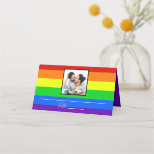 Rainbow Striped Gay Pride Couple Wedding Photo Place Card