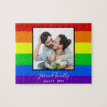 Rainbow Striped LGBTQ Couple Photo Anniversary Jigsaw Puzzle<br><div class="desc">This bold rainbow striped wedding anniversary puzzle gift features a custom romantic LGBTQ engagement photo for a gay or lesbian couple who loves bright and colorful gifts.  Personalize with your names and anniversary date on the red,  orange,  yellow,  green,  blue,  and purple stripes.</div>