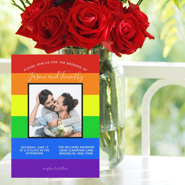 Rainbow Striped LGBTQ Couple Photo Gay Wedding Invitation (Creator Uploaded)