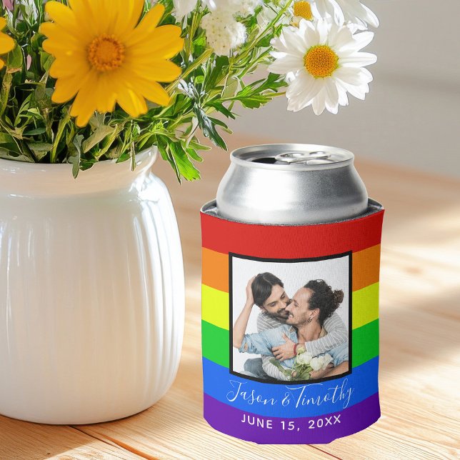 Rainbow Striped Photo Gay Pride LGBTQ Wedding Can Cooler (Creator Uploaded)