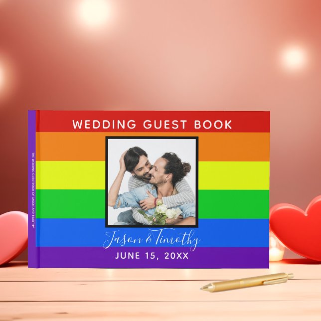 Rainbow Striped Photo Gay Pride LGBTQ Wedding Guest Book (Creator Uploaded)