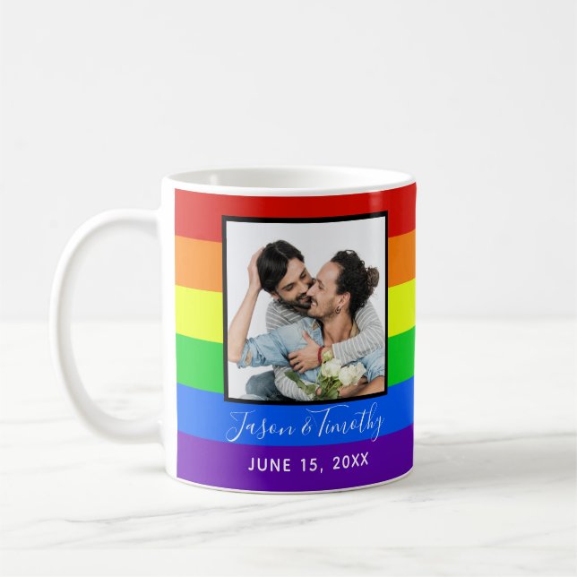 Rainbow Striped Photo LGBTQ Wedding Anniversary Coffee Mug (Left)