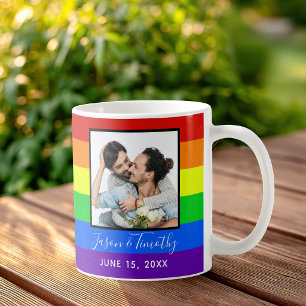Rainbow Striped Photo LGBTQ Wedding Anniversary Coffee Mug