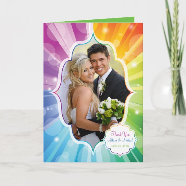 Rainbow Striped Sunburst PHOTO Thank You Card (Front)
