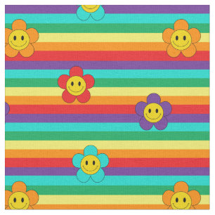 Rainbow Stripes and Hippie Flowers Pattern Fabric