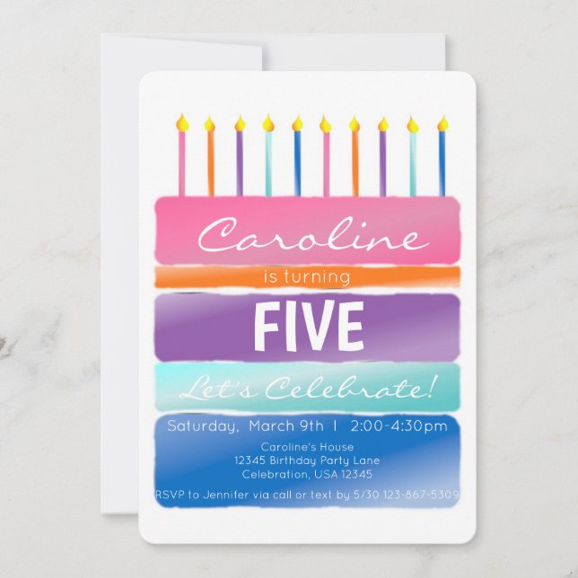 Rainbow Stripes Birthday Candle Cake Invitation (Front)