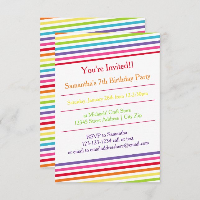 Rainbow Stripes Birthday Party - 3x5 Invitation (Front/Back)