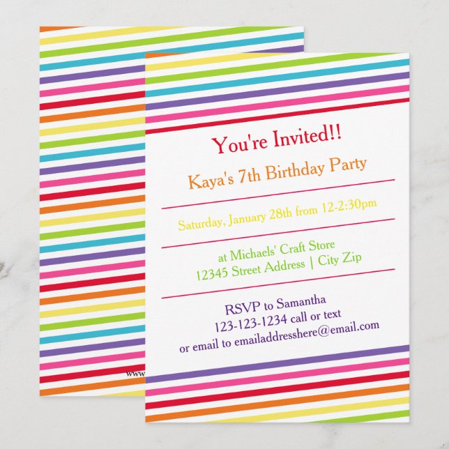 Rainbow Stripes Birthday Party - Invitation (Front/Back)