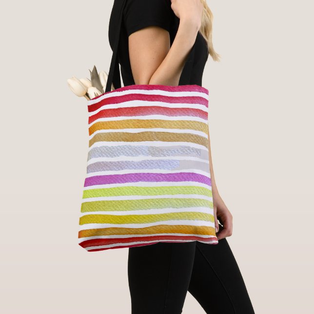 Rainbow stripes cute watercolor tote bag (Close Up)