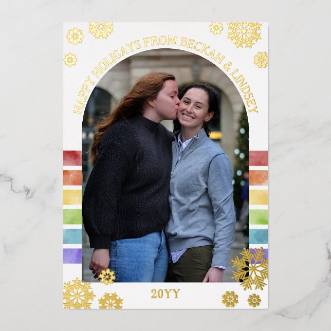Rainbow Stripes Gold Snowflakes Happy Holigays Foil Holiday Card (Front)