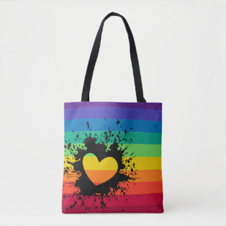 Rainbow stripes heart splatter LGBT Tote Bag