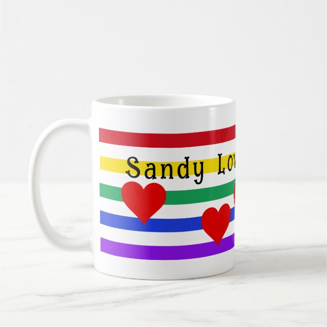 Rainbow Stripes Hearts First Names Customise Coffee Mug (Left)