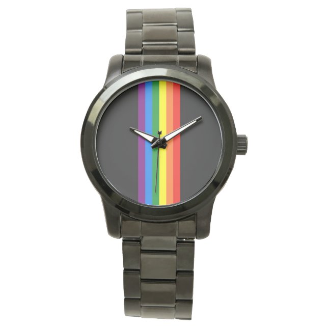 Rainbow Stripes on Black Gay Pride LGBT Support Watch (Front)