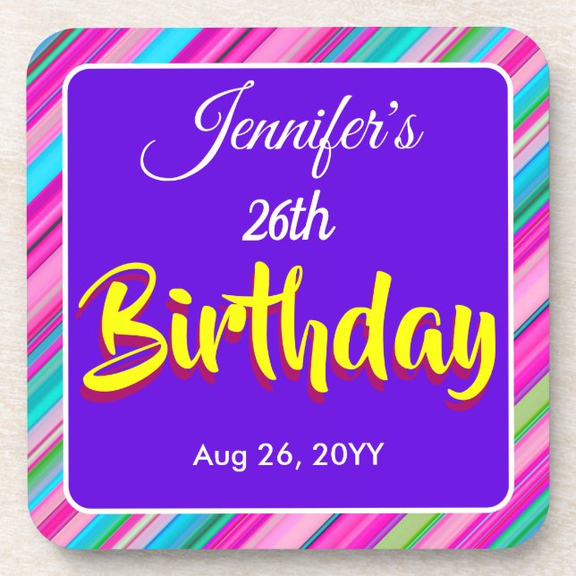 Rainbow Stripes Pattern Birthday Custom Template Coaster (Front)