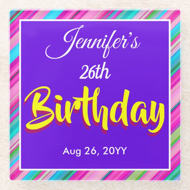 Rainbow Stripes Pattern Birthday Custom Template Glass Coaster (Front)