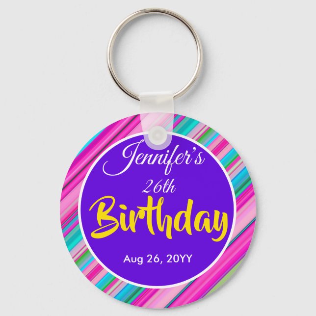 Rainbow Stripes Pattern Birthday Custom Template Key Ring (Front)